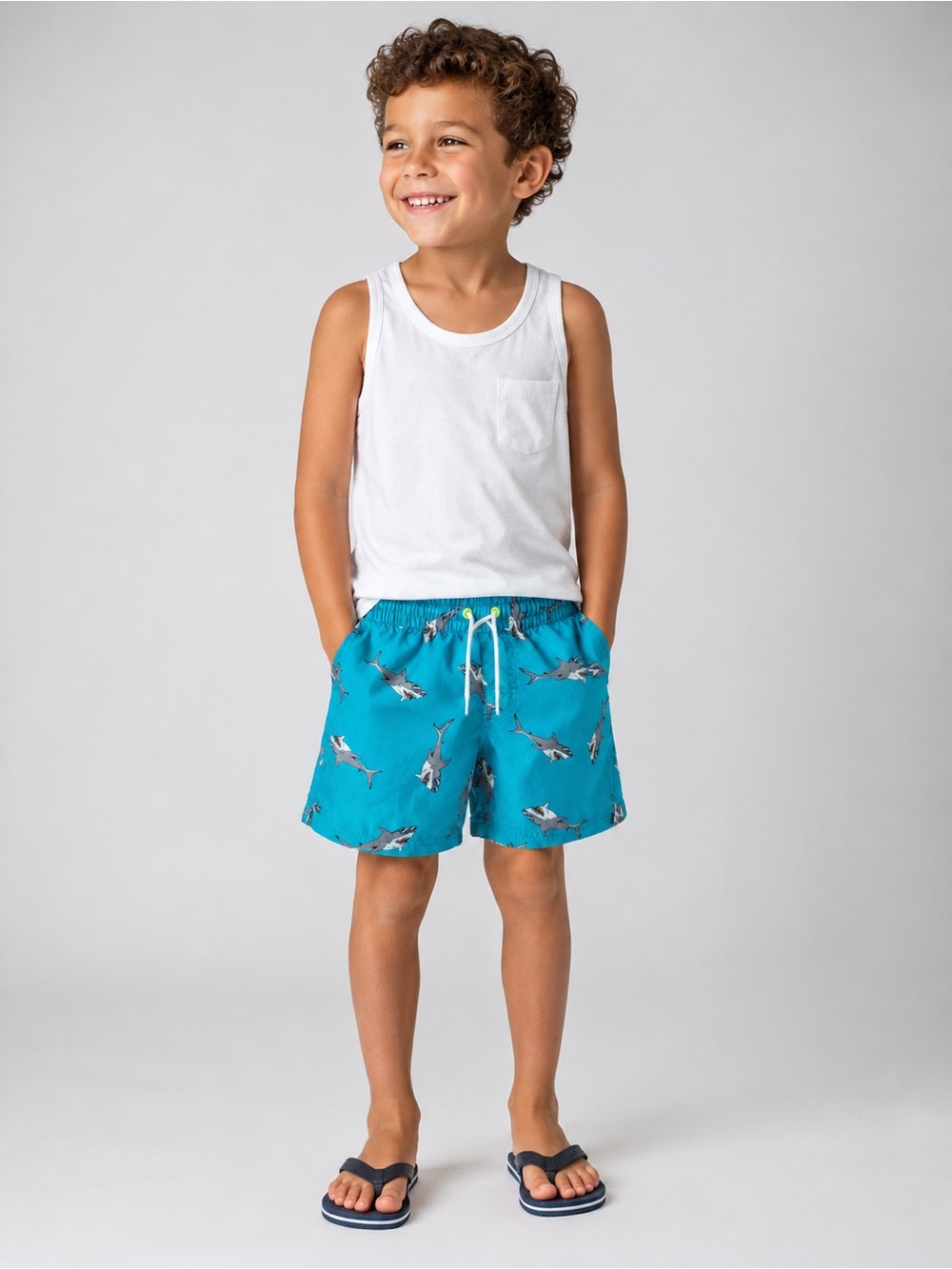 Old Navy Boys Shark Printed Drawstring Waist Swim Trunks Blue Size S 6-7